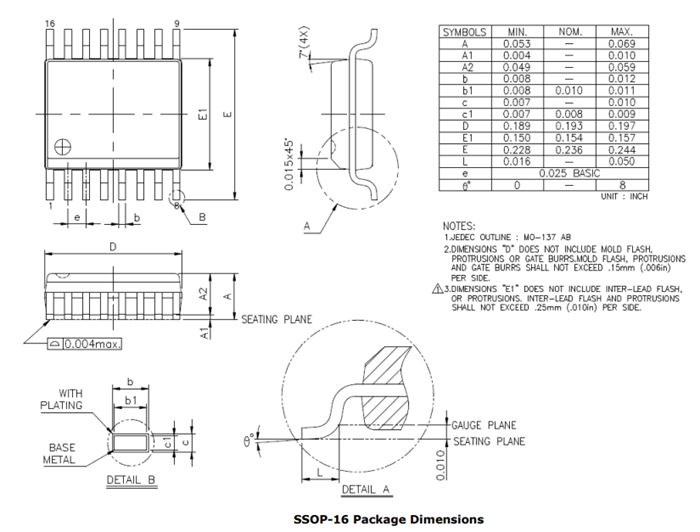 SSOP-16 Package Mechanical Dimensions